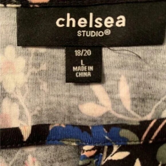 Chelsea Studio 1X Black Floral Print Keyhole Neck Tie Belt Hanky Hem Dress - Picture 6 of 6